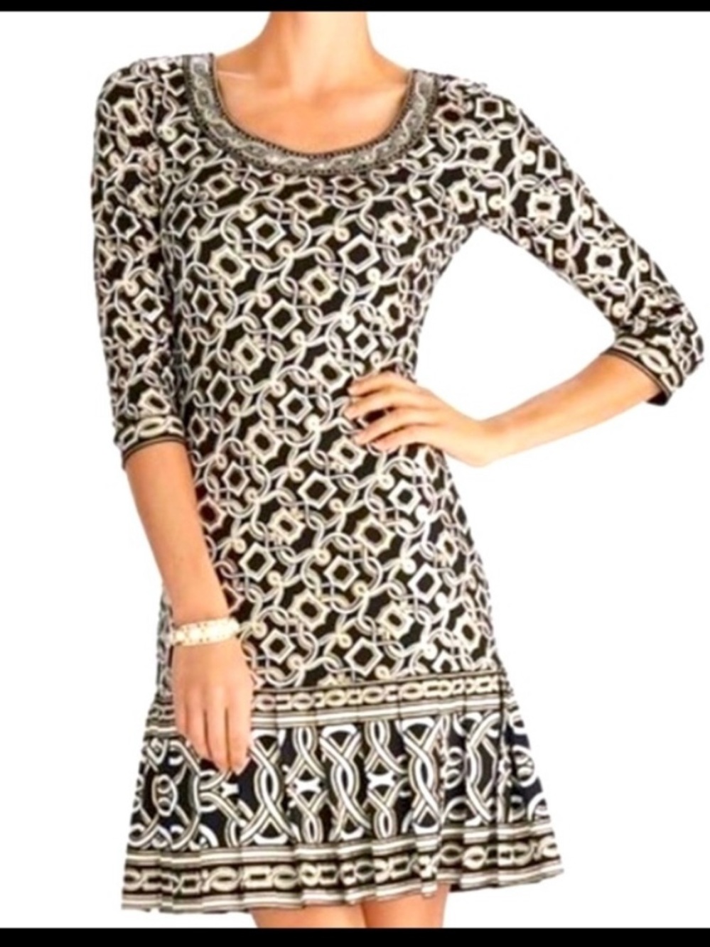 White House Black Market, Geometric pattern dress with pleated flutter hem